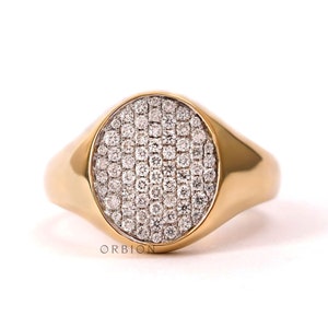 10k/14k/18k Solid Gold Diamond Signet Ring, Honey Comb Pave Setting Oval Chunky Ring, Yellow Gold Statement Ring for Women, Unisex Ring