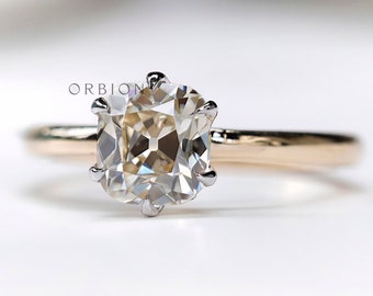 OMC Elongated Cushion Off White Moissanite Engagement Ring, Two Tone Gold, Vintage Style
