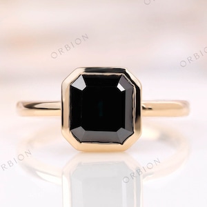 Bezel Set Dark Green Asscher Cut Moissanite Diamond Ring OMC Cut Asscher Engagement Ring 14K Yellow Gold Wedding Ring Anniversary Ring