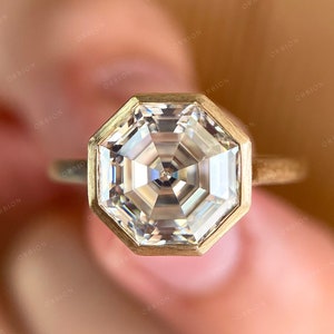 Antique Asscher Moissanite Engagement Ring, Satin Finish Yellow Gold Ring, Anniversary Ring, Wedding Ring, Promise Ring, Octagon Step Cut