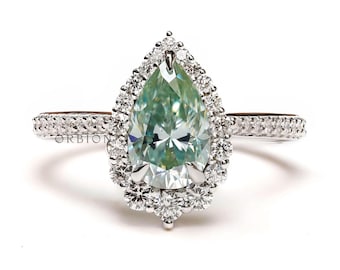 Pear Light Green Moissanite Halo Engagement Ring, Pave Shank, White Gold