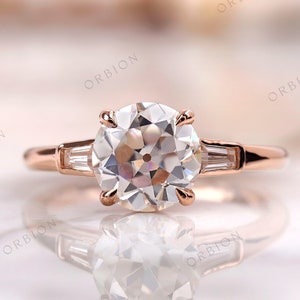 Vintage Old European Cut Moissanite Ring, Side Stone Tapered Baguette, Three Stone Engagement Ring, Four Prong Setting, Rose Gold Ring