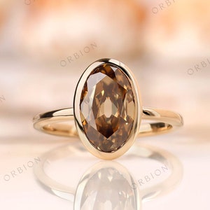 3.57 Ct Dark Champagne Large Open Culet OMC Oval Moissanite Ring, Unique Bezel Low Profile Set Engagement Ring, Vintage Style Solitaire Ring