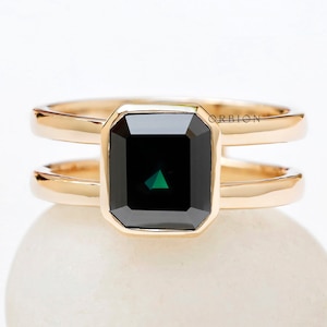 Asscher Cut Dark Green Moissanite Ring, Double Shank Wedding Ring, Bezel Engagement Ring, Asscher Cut Solitaire Ring, 14k Yellow Gold Ring