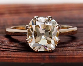 Elongated Cushion Champagne Moissanite Vintage Engagement Ring, Old Mine Cut, 10k Yellow Gold