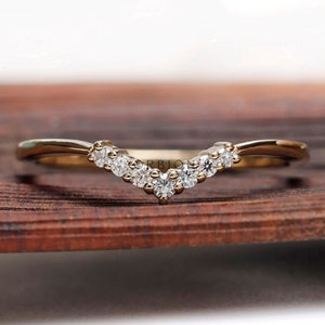 Unique Moissanite Wedding Band Yellow Gold Moissanite Curved Wedding Ring Art Deco Stacking Matching Chevron Ring Promise Rings For Women