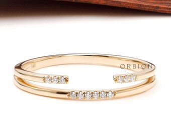 14K Gold Pave Moissanite Open Cuff Ring, Minimalist Stacking Band