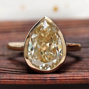 OMC Pear Moissanite Ring, Unique Bezel Set Pear Engagement Ring, Unique Large Rings, Old Mine Cut Ring, Cathedral Rings, Promise Ring Gold