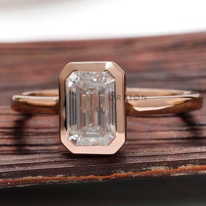 Emerald Cut Moissanite Bezel Engagement Ring, Solitaire Wedding Ring for Her, Classic Comfort Fit Ring, Yellow/White/Rose Gold Handmade Ring