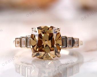 Elongated Cushion Dark Champagne Moissanite Ring, 14k Yellow Gold With Baguette Accents