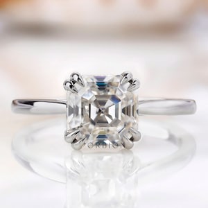Asscher Cut Solitaire Engagement Ring, Asscher Cut Moissanite Ring, 14K White Gold Solitaire Ring, Double Claw Prong, Cathedral Rings