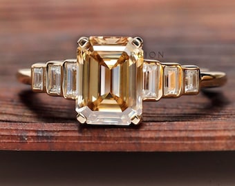 Champagne Moissanite Ring Cluster, Emerald Cut Champagne Ring, 14K Gold Cluster Ring, Baguette Accent Ring, Step Cut Ring, Anniversary Ring