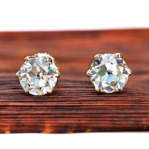 7 MM Old European Cut Off White Moissanite Stud Earrings, Classic Claw Prong Studs, Vintage Style Screw Back Gold Stud, Old Cut Earrings