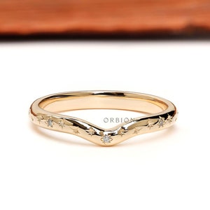 Moissanite Curved Wedding Band Solid Gold Star Design Moissanite Stacking Starburst Wedding Band Diamond Cluster Wedding Rings For Women