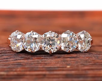 Obrączka z pięcioma kamieniami Moissanite w szlifie podłużnym Old Mine, obrączka ślubna z pięcioma kamieniami, obrączka ślubna w stylu georgiańskim, obrączka z różowego złota, obrączka rocznicowa