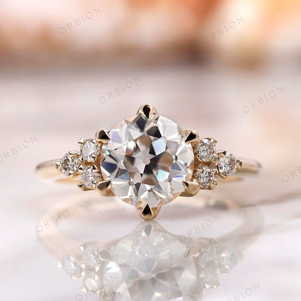 2.19 TCW Round OEC White Moissanite Engagement Ring for Her, Bridal Ring, 10K Gold Ring for Women, Antique Old European Cut Cluster Ring.