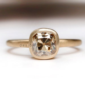 Champagne Cushion Moissanite Ring, Champagne Bezel Ring, Basket Ring Bezel, Old Mine Cut Ring, Satin Matte Finish Yellow Gold Ring