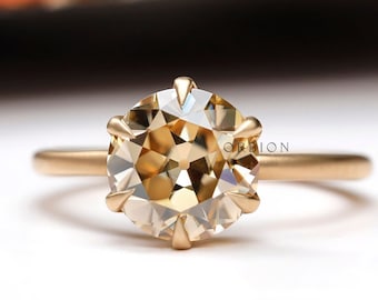 Champagne Moissanite Engagement Ring OEC Cut Georgian Style Matte Yellow Gold Vintage Moissanite Ring Unique Wedding Ring