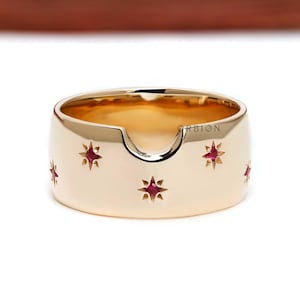 Starburst Lab Ruby Dome Cigar Wedding Band, Wide Eternity Stacking Ring For Women, 10K Yellow Gold