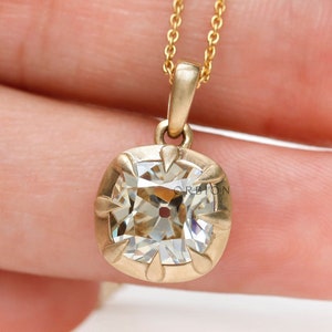 Old Mine Cut GHI Cushion Moissanite Pendant, Antique Georgian Pendant, Satin Matte Finish Gold Pendant, Vintage Pendant For Chain Necklace