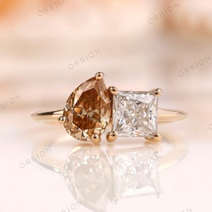 Toi Et Moi Moissanite Engagement Ring, Champagne Pear Cut & GHI Princess Cut, Anniversary Ring, Wedding Ring, Promise Ring