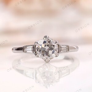 OEC Moissanite Antique Ring, Old Cut Three Stone Ring, Three Stone Vintage Gold Ring, Side Stone Tapered Baguettes, Georgian Engagement Ring