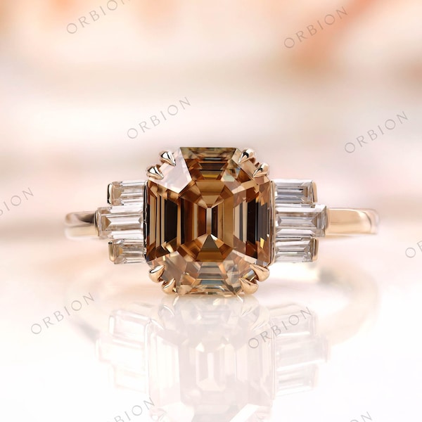 3.14 TW Dark Champagne Emerald Cut Moissanite and Side Baguette Wedding/Engagement Ring For Her, Double Claw Prong, Unique Anniversary Ring