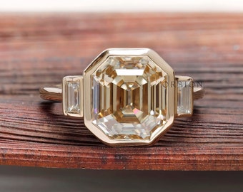 4.11 CT Fat Emerald Cut Champagne Moissanite Ring, Unique Vintage Style Bezel Set Three Stone Ring, Baguette Accent Stone, Promise Ring