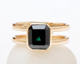 2.79 CT Deep Green Black Asscher Moissanite Engagement Ring, Unique Bezel Set & Double Band Shank Rings For Women, Gold Solitaire rings