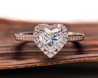 Heart Moissanite Promise Ring, Heart Halo Ring, Heart Engagement Ring, Cathedral Rings, Rose Gold Ring, Proposal Rings, 1Ct Moissanite Ring