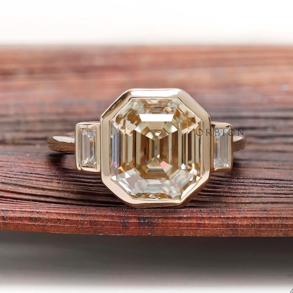 4.11 CT Fat Emerald Cut Champagne Moissanite Ring, Unique Vintage Style Bezel Set Three Stone Ring, Baguette Accent Stone, Promise Ring