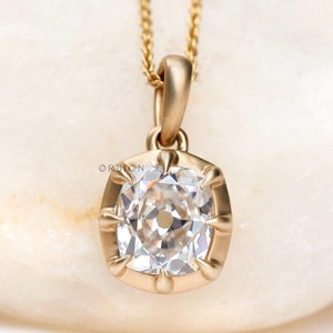 2 CT Old Mine Cut Elongated Cushion Moissanite Pendant, Fine Matte Finish Gold Pendant, Closed Bezel Set Pendant, Antique Georgian Pendant