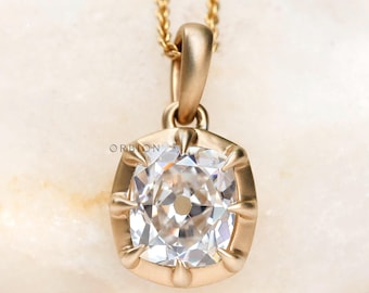 2 CT Old Mine Cut Cushion Moissanite Pendant, Georgian Style, Yellow Gold Matte Finish