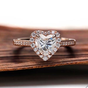 Heart Moissanite Promise Ring, Heart Halo Ring, Heart Engagement Ring, Cathedral Rings, Rose Gold Ring, Proposal Rings, 1Ct Moissanite Ring