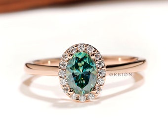 Brilliant Cut Oval Blue Green Moissanite Ring, 14K Solid Rose Gold Halo Engagement Ring, Classic Teal Oval Cut Ring, Dainty Wedding Ring