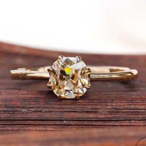 1.16 CT Cushion OMC Champagne Moissanite Vintage Engagement Ring, Old Mine Cut, Simple Solitaire Claw Prong Solid Gold Wedding Ring For Her
