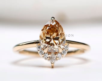 Pear Champagne Ring, Champagne Moissanite Ring, Colored Stone Engagement Ring, Half Halo Ring, Pear Solitaire Ring, Yellow Gold Promise Ring