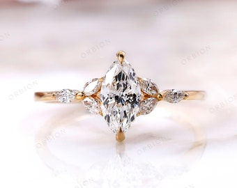 Marquise Lab Diamond Cluster Ring, 14k Gold Engagement Ring