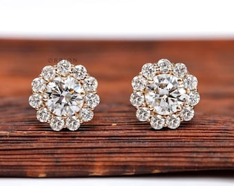 1 CT Round Lab Diamond Cluster Halo Stud Earrings, 14k Gold