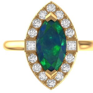 Pierścionek w stylu vintage z moissanitem w szlifie markizowym 2 CT w kolorze niebiesko-zielonym, 10K/14K/18K żółtego złota z aureolą, pierścionek zaręczynowy z moissanitem w kolorze złotym, pierścionek obietnicy