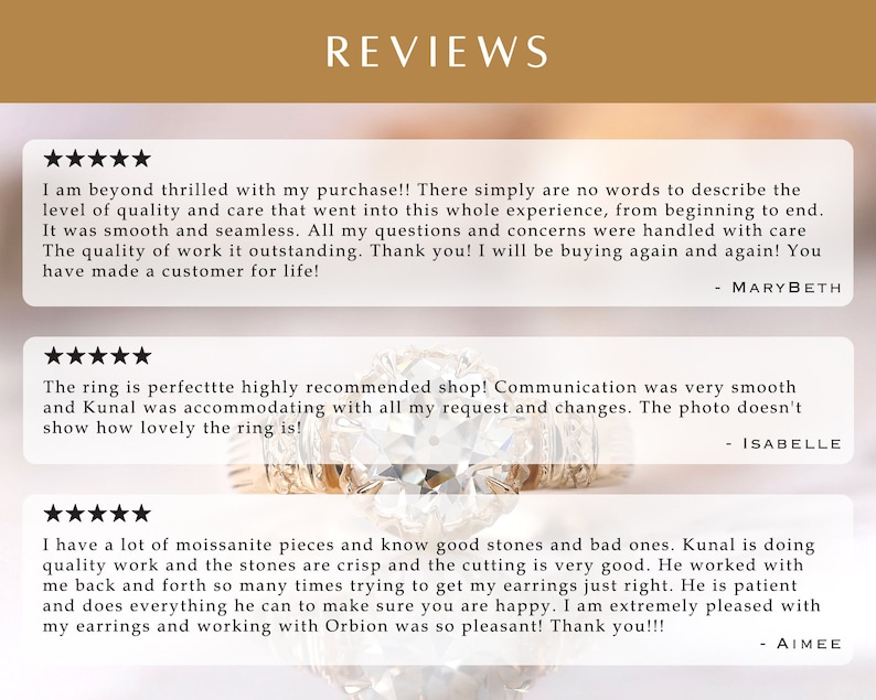 May include: Five-star reviews for a jewellery shop. The reviews highlight the quality of the jewellery, the excellent customer service, and the positive experience of working with the shop owner. The reviews include text and star ratings.