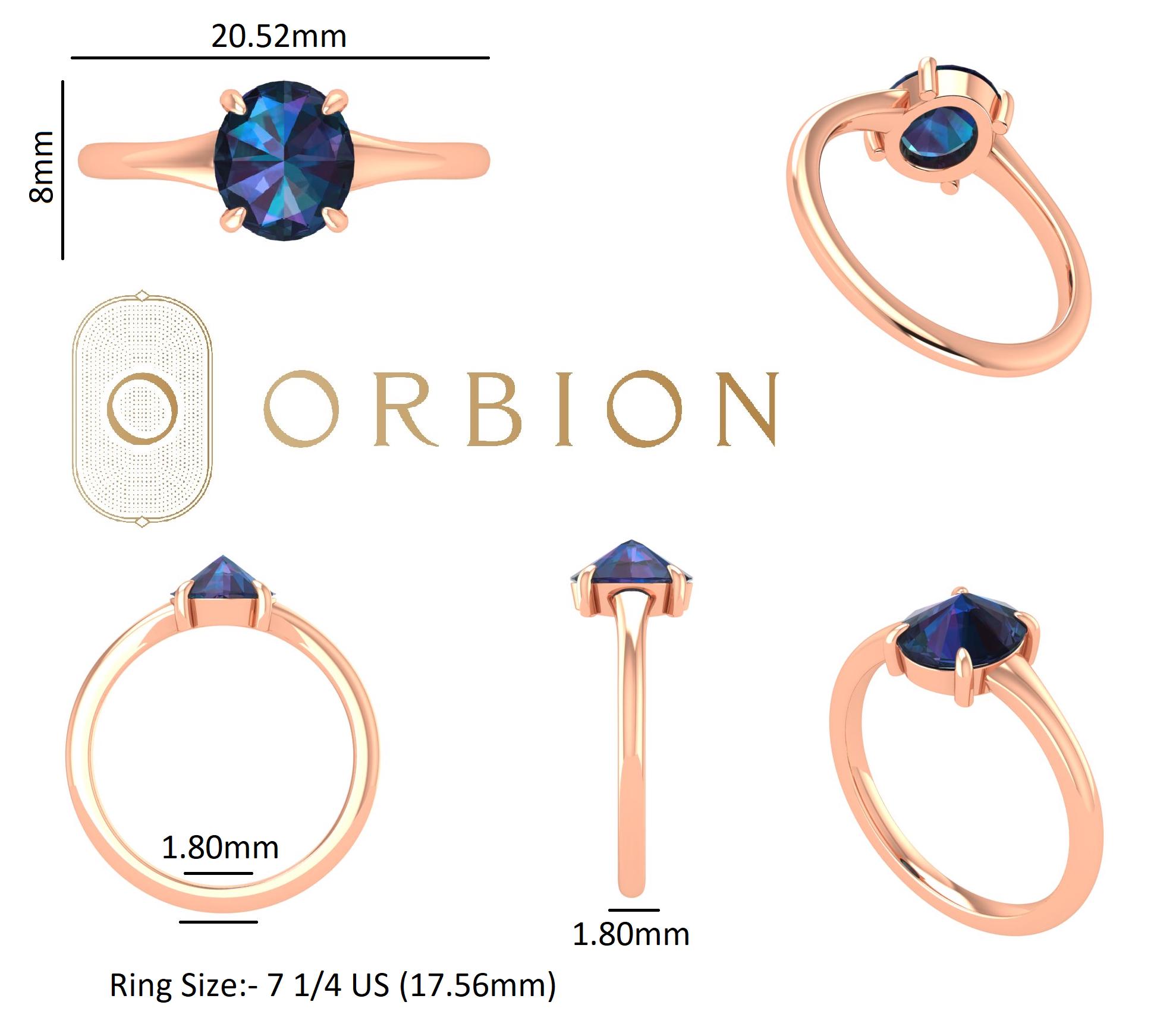 オーバルローズカットミスティックブルーモアッサナイト婚約指輪、14K 