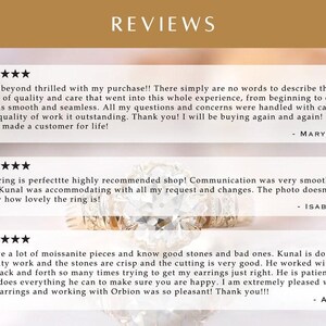 以下が含まれることがあります： 上部に「REVIEWS」という言葉が入ったグラフィック。その下に、5つ星評価の3つの顧客のレビューがあります。レビューでは、お店の品質、ケア、コミュニケーションを称賛しています。