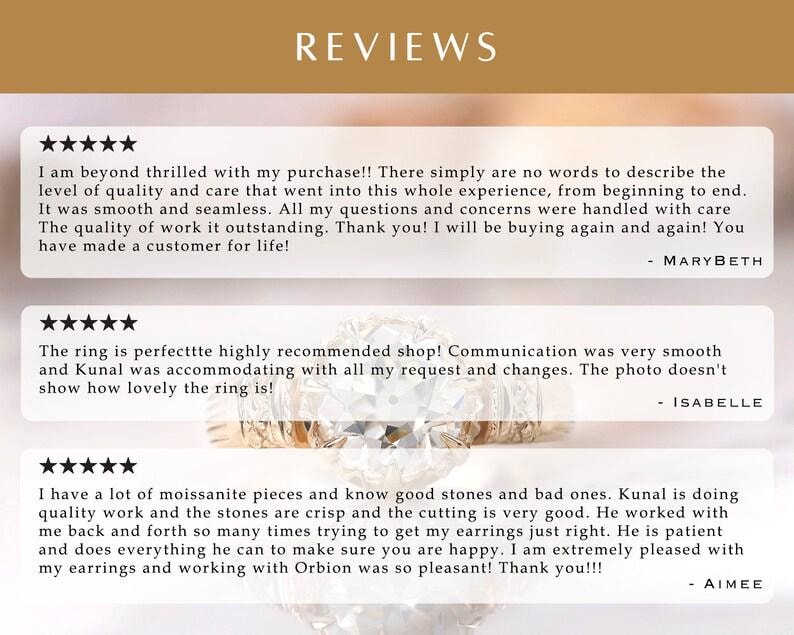 以下が含まれることがあります： 上部に「REVIEWS」という言葉が入ったグラフィック。その下に、5つ星評価の3つの顧客のレビューがあります。レビューでは、お店の品質、ケア、コミュニケーションを称賛しています。