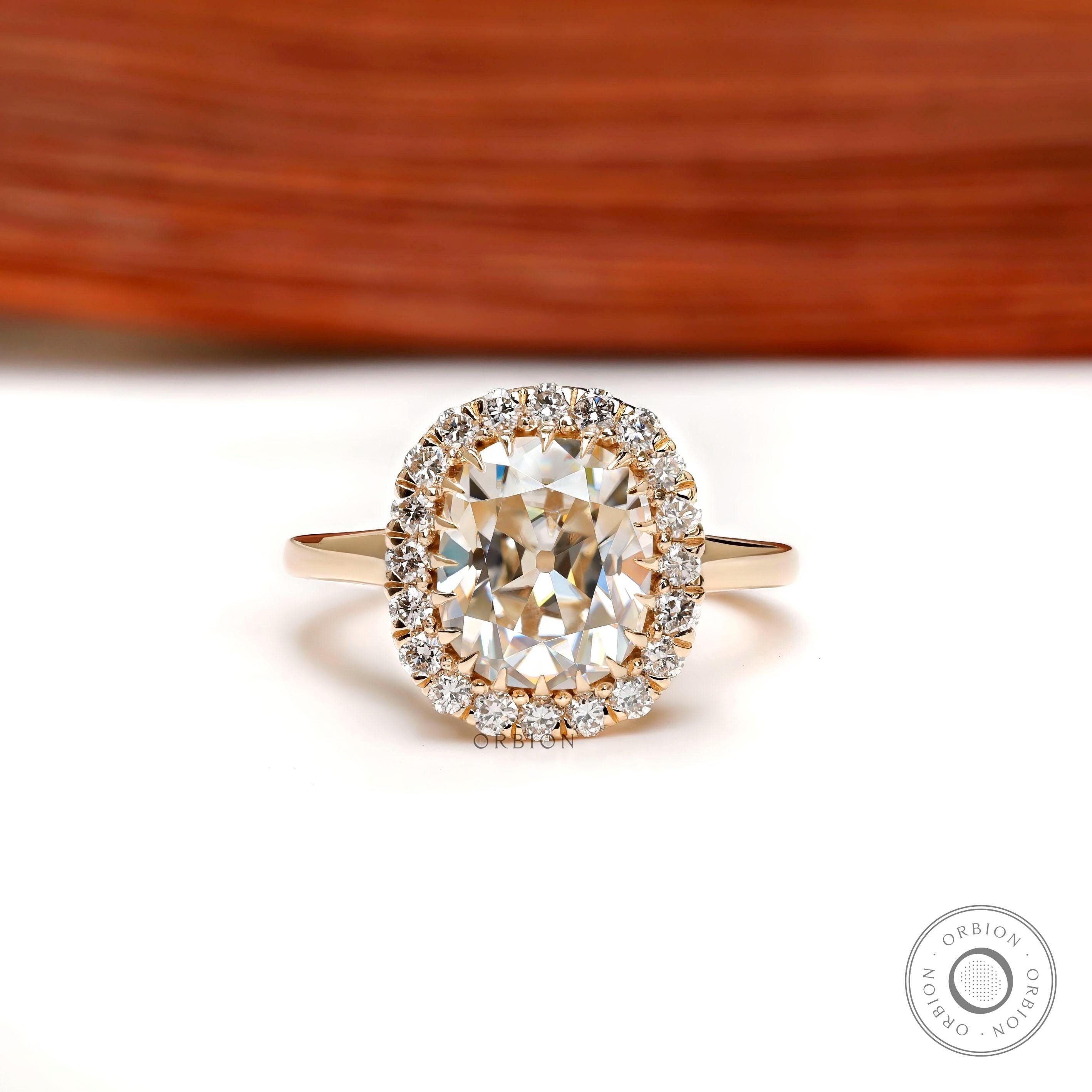 Old Mine Cut Elongated Cushion Champagne Moissanite Ring, Halo Engagement Ring, Solitaire Wedding Ring, Unique Bridal Ring, Solid Gold Ring