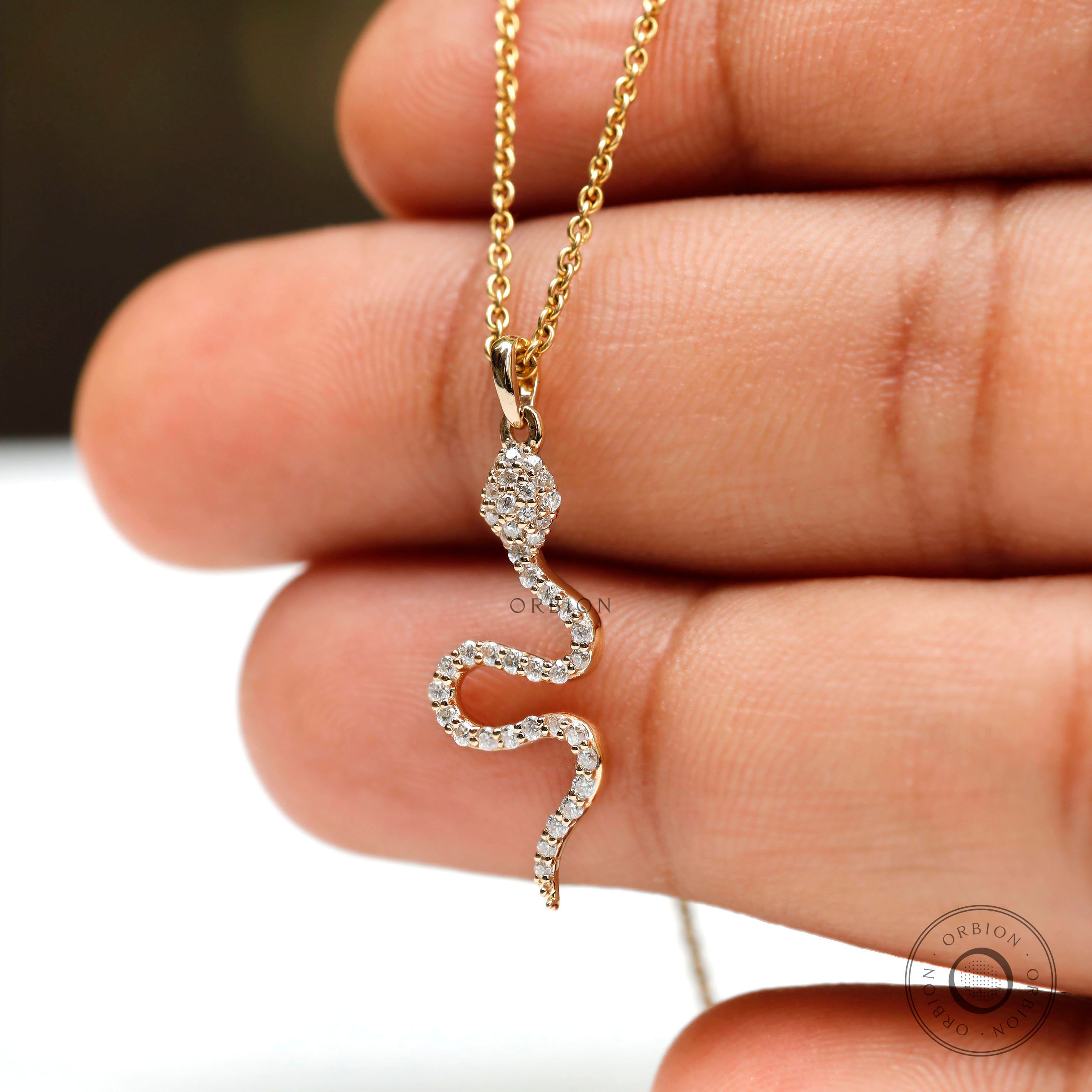 18k Solid Yellow Gold Moissanite Snake Pendant, Animal