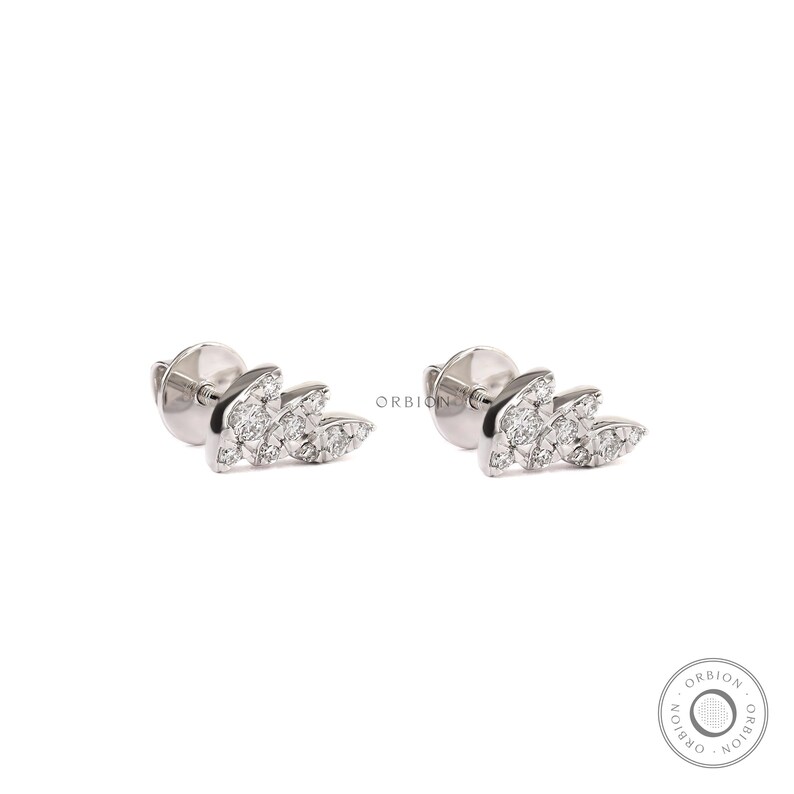 May include: A pair of silver stud earrings with a cluster of small diamonds in the shape of a leaf.