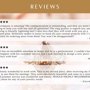 May include: Five-star reviews for a jewelry company. The reviews highlight the company's excellent communication, fast shipping, and high-quality products. Customers praise the company's willingness to work with them on payment plans and their attention to detail.