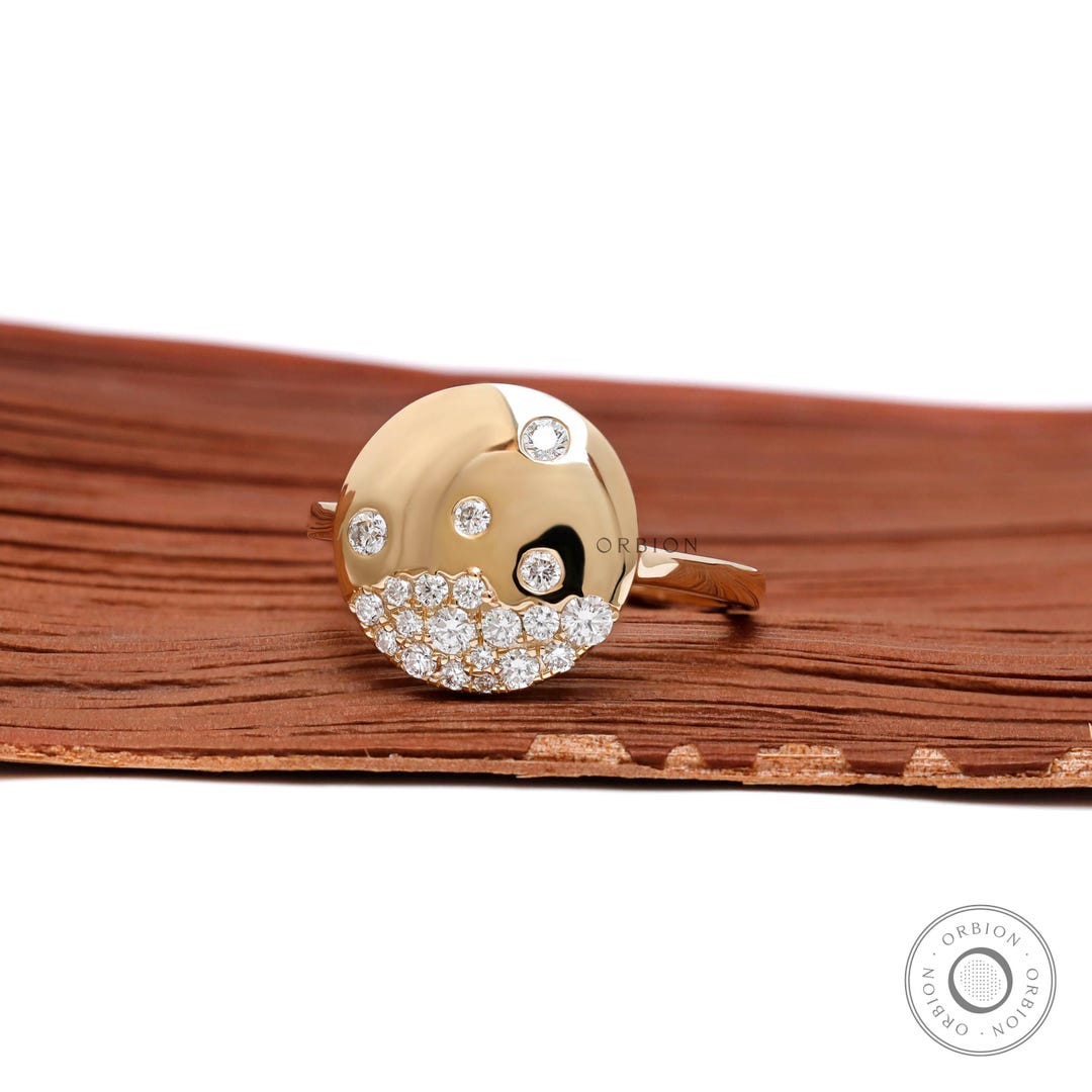Snowfall Ring Scattered Flush Set Diamond Disc Ring, Yellow Gold Confetti Snowfall ...