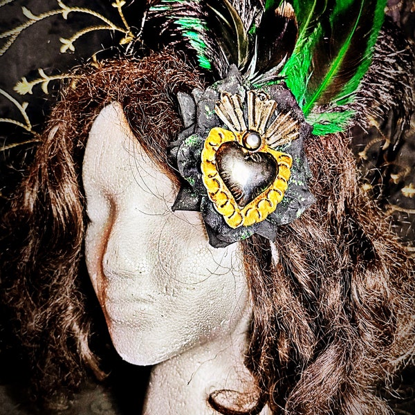 Fabulous burlesque style  themed Mexican sacred heart Milagro hair accessory  decorative feather and silk rose gothic influenced  hair clip